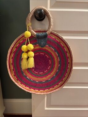 Handwoven Round Tote in Multicolors with Yellow Tassel